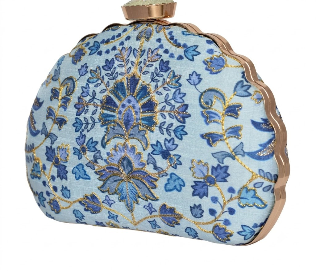 Celestial Azure Hand-Embroidered Scalloped Clutch