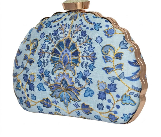 Celestial Azure Hand-Embroidered Scalloped Clutch