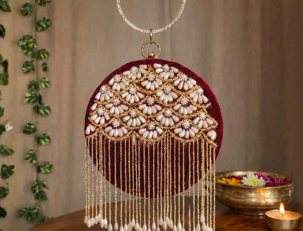 The Royal Crimson Pearl Tassel Clutch