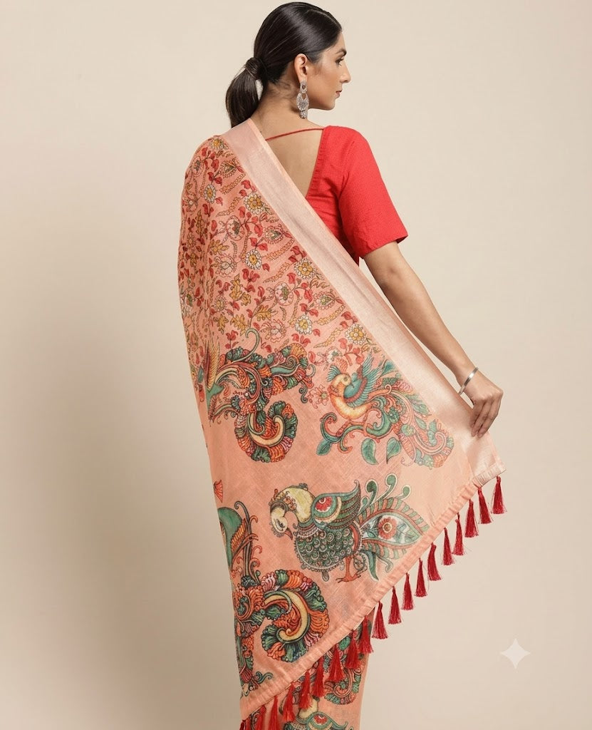 Peach-Orange Kalamkari Silk Saree with Mythological Peacock Motifs & Zari Border