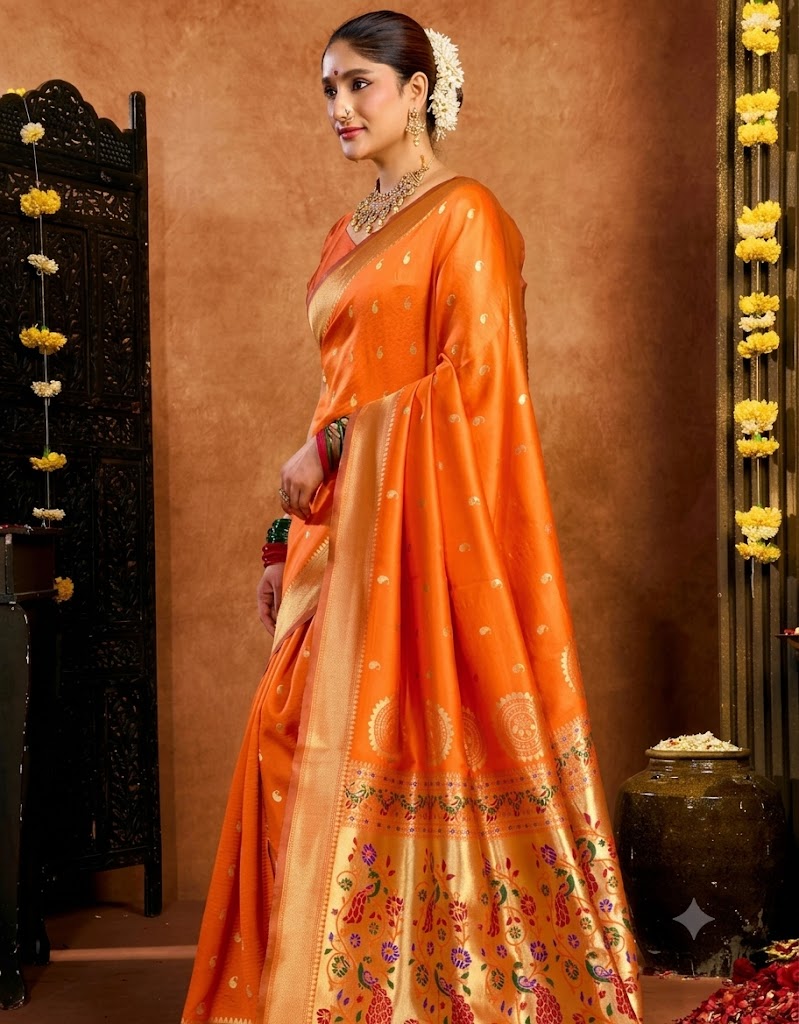 Vibrant Tangerine Orange Paithani Silk Saree with Peacock Pallu