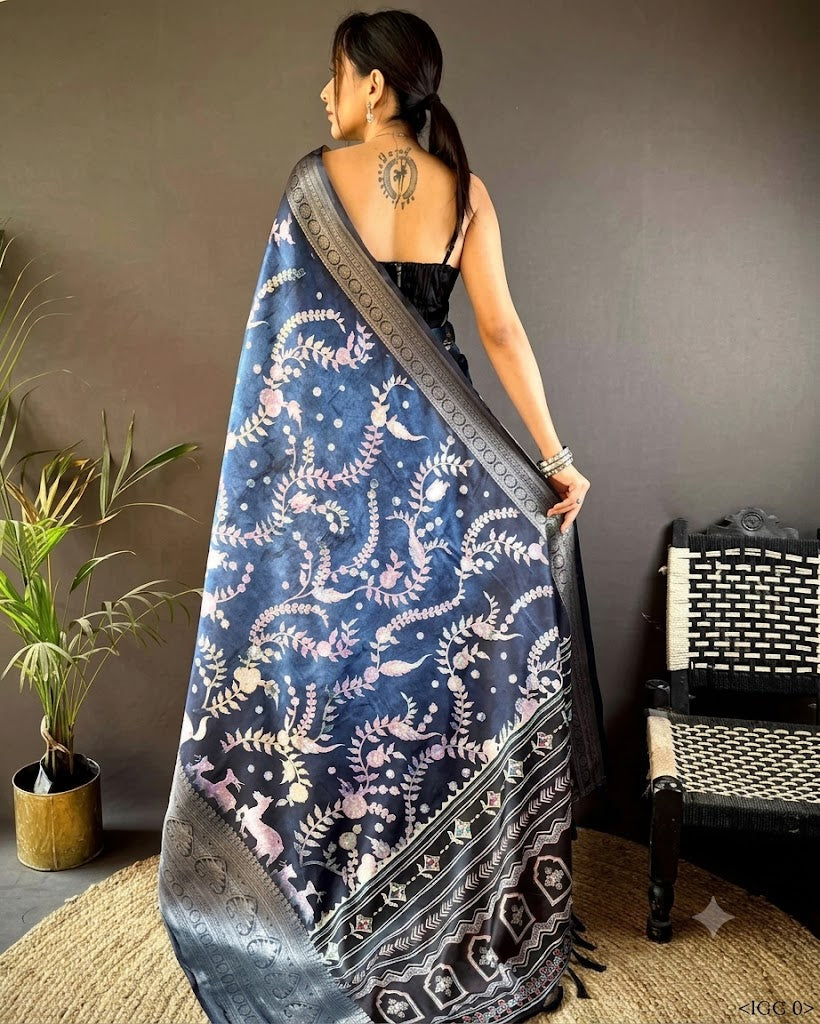 Celestial Indigo Pure Silk Batik Saree with Intricate Floral Motifs