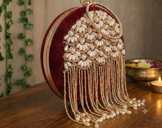 The Royal Crimson Pearl Tassel Clutch