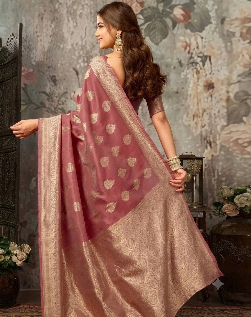 Enchanting Mauve-Pink Banarasi Silk Saree with Antique Zari