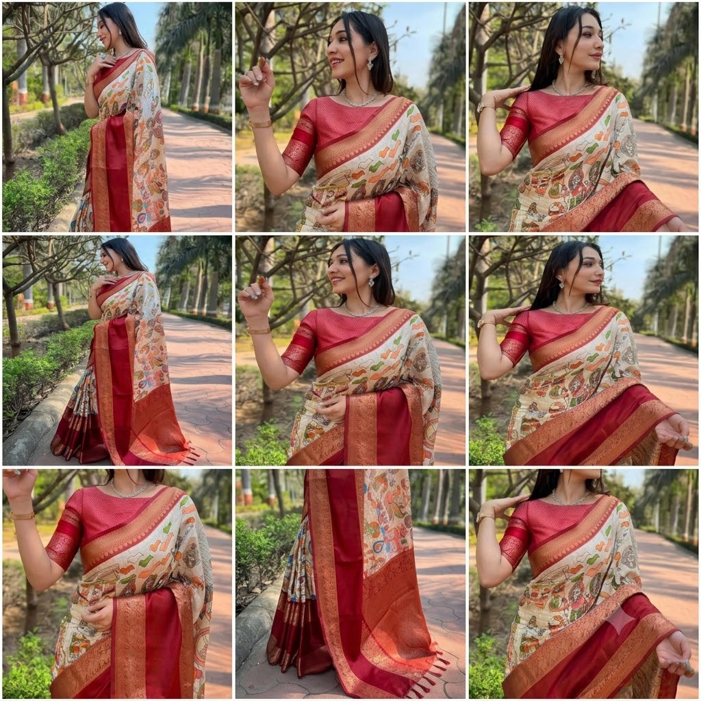 Ivory Heritage Kalamkari & Banarasi Blend Silk Saree with Rich Red Zari Pallu