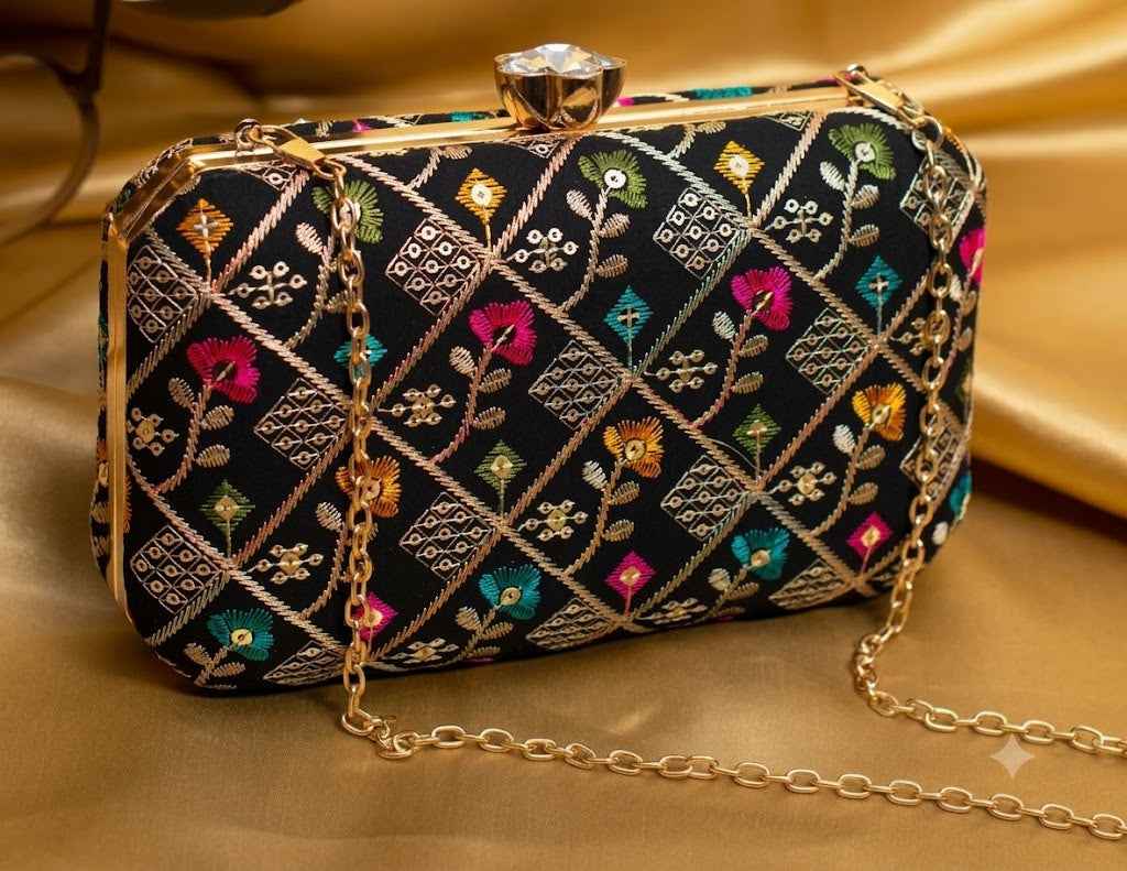 Midnight Charm Embroidered & Sequin Box Clutch