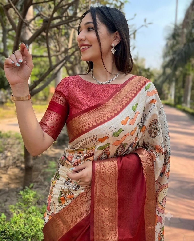 Ivory Heritage Kalamkari & Banarasi Blend Silk Saree with Rich Red Zari Pallu