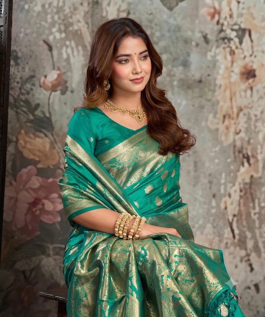 Royal Peacock Green Woven Silk Saree with Zari Border