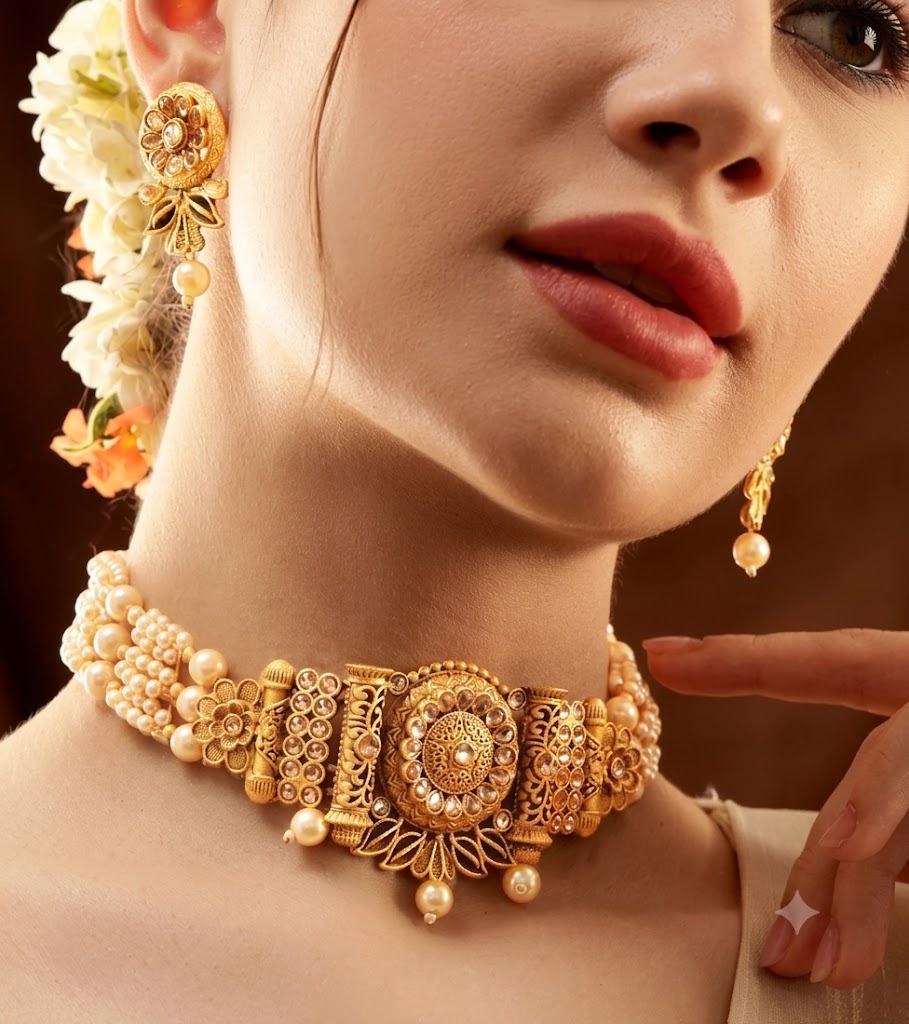 Antique Pearl & Kundan Statement Choker Set