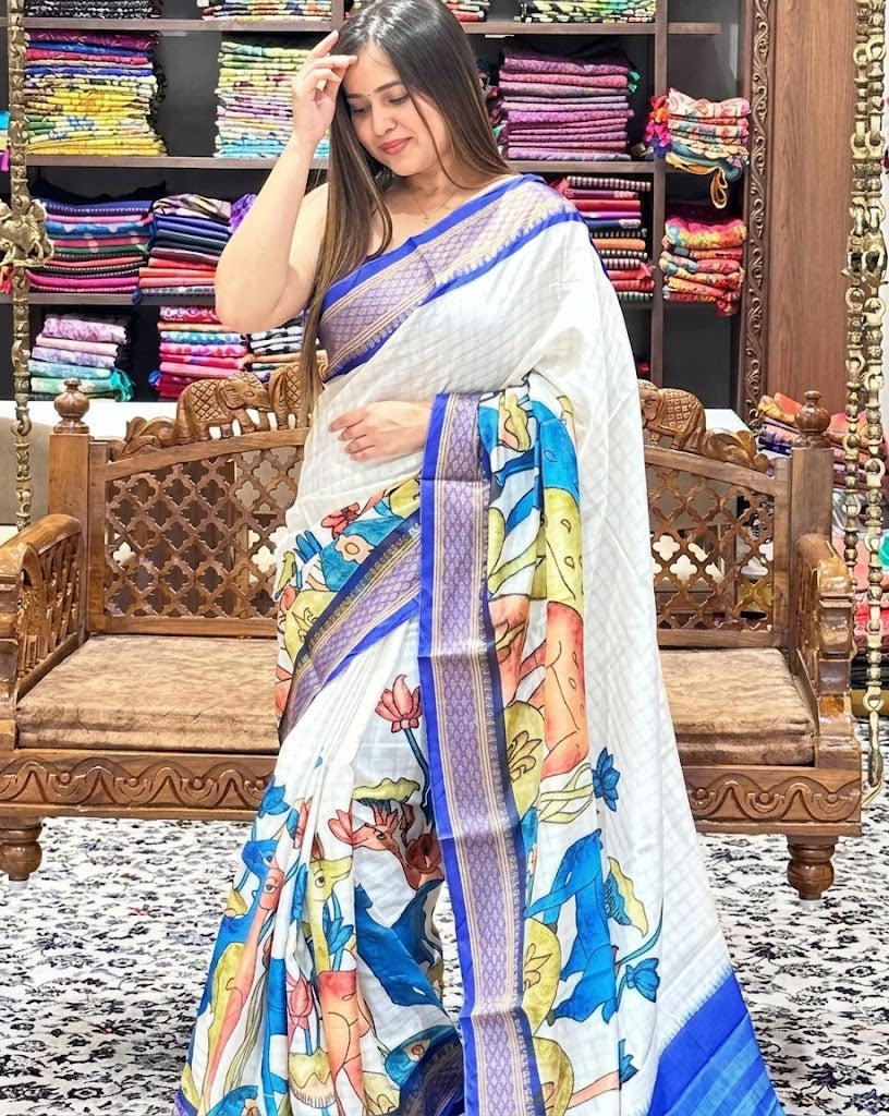 Artisanal Cream Kalamkari Silk Saree featuring Mythological & Floral Art