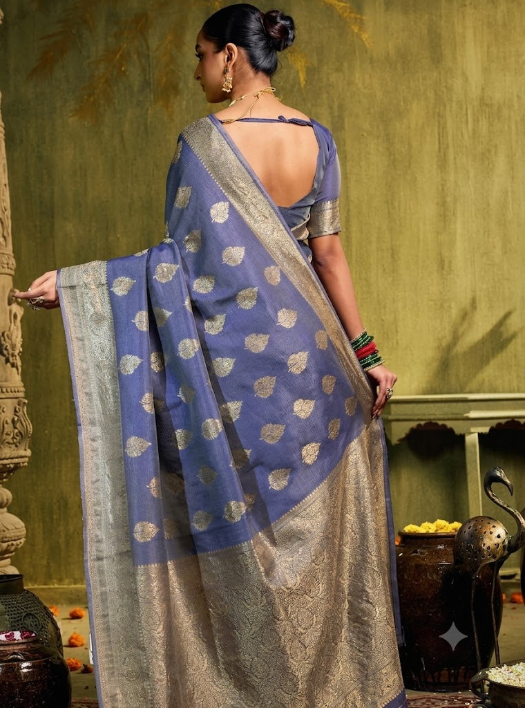 Vintage Glamour: Slate Blue Banarasi Silk Saree with Antique Zari