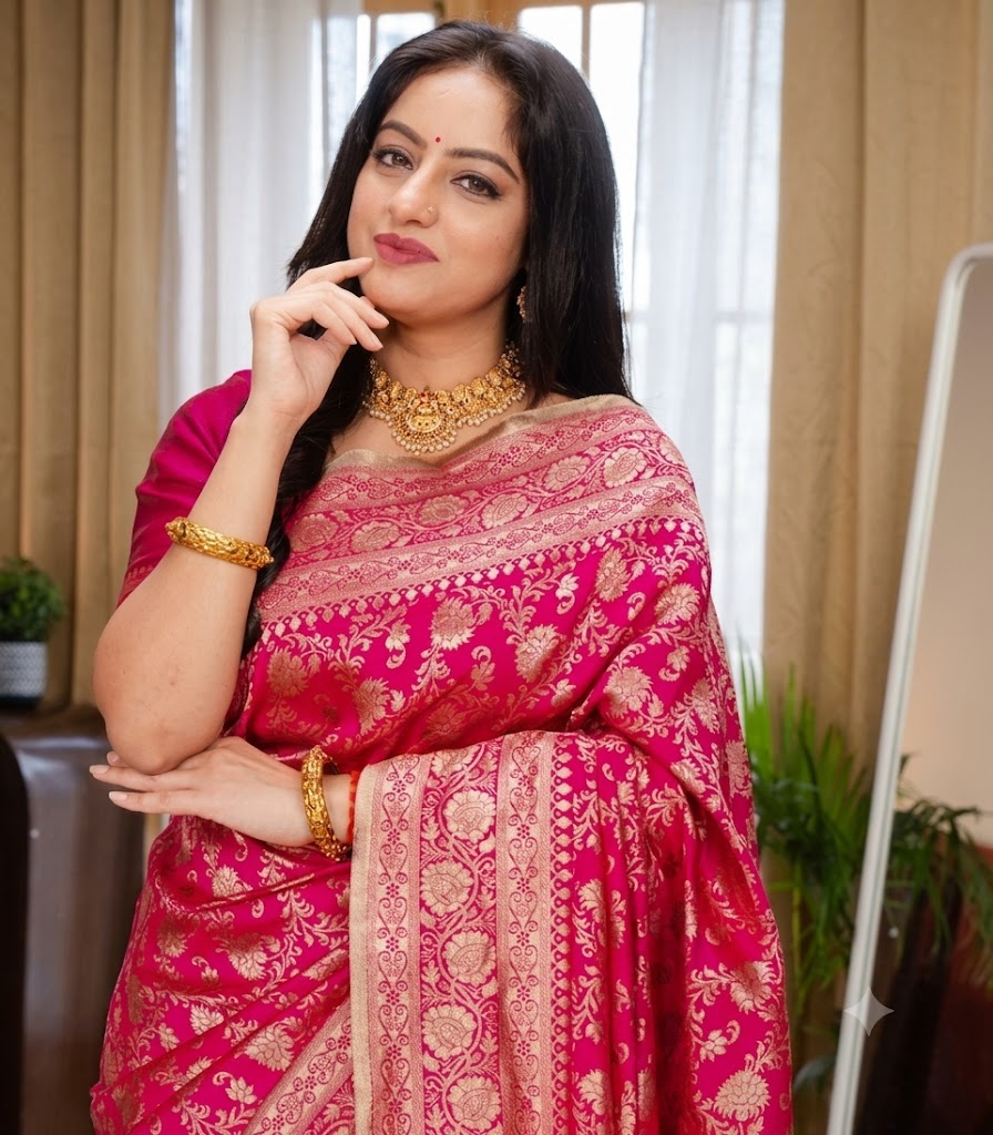 Imperial Rani Pink Banarasi Silk Saree with Gold Zari Brocade