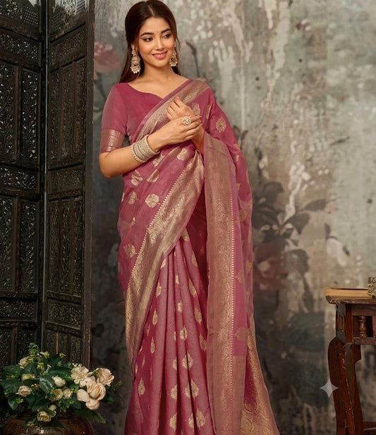 Enchanting Mauve-Pink Banarasi Silk Saree with Antique Zari