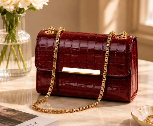 Crimson Luxe — The Statement Croc-Gloss Shoulder Bag