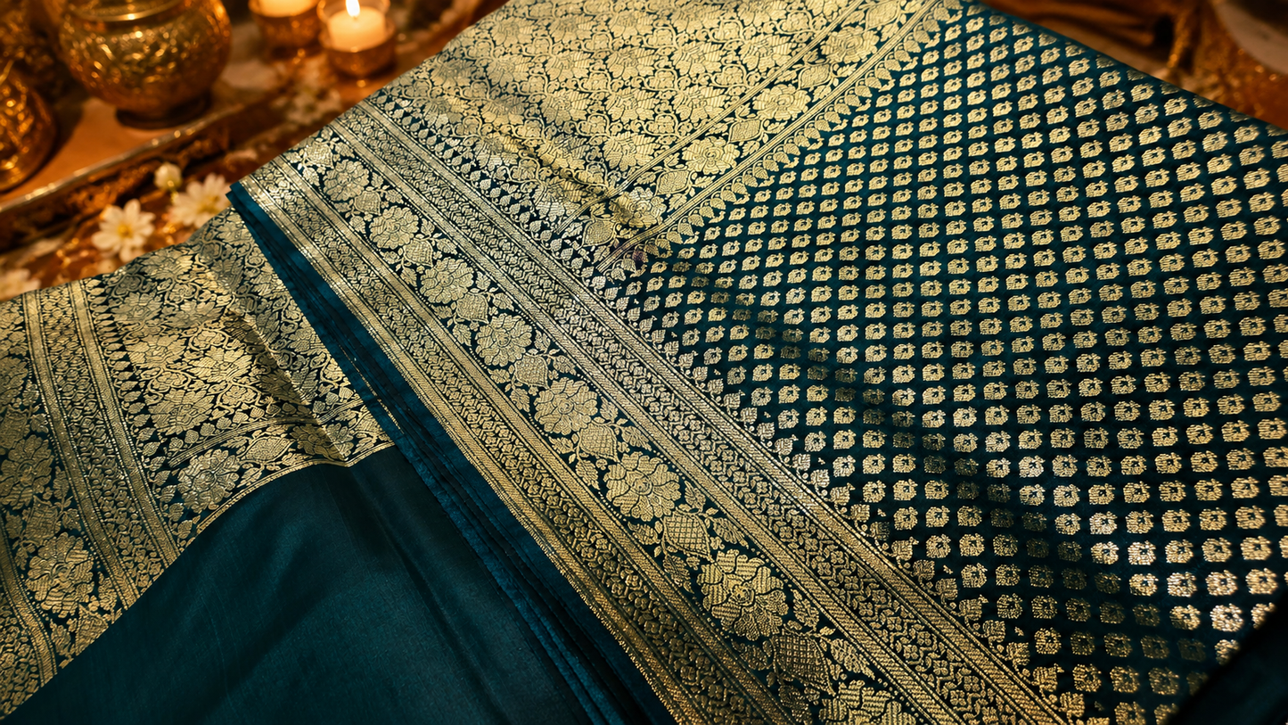 Royal Emerald Banarasi Silk Saree – A Timeless Celebration of Gold & Grace