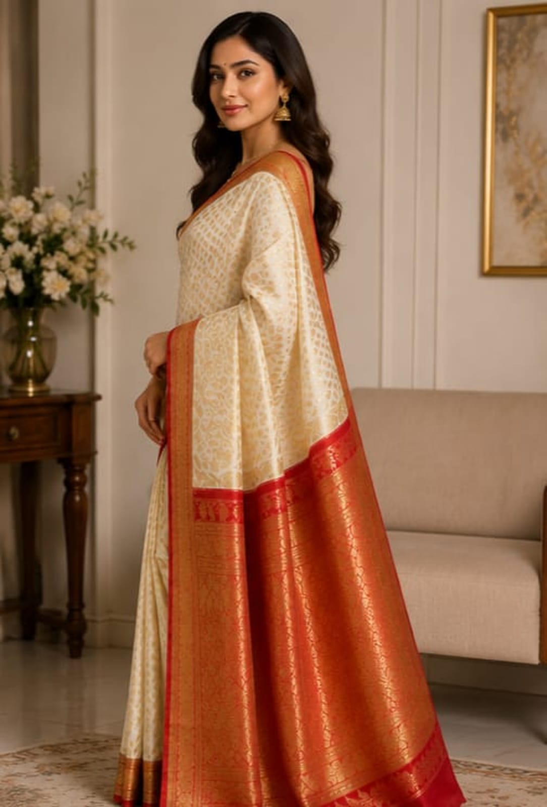 Royal Ivory & Crimson Banarasi saree — A Touch of Timeless Grandeur