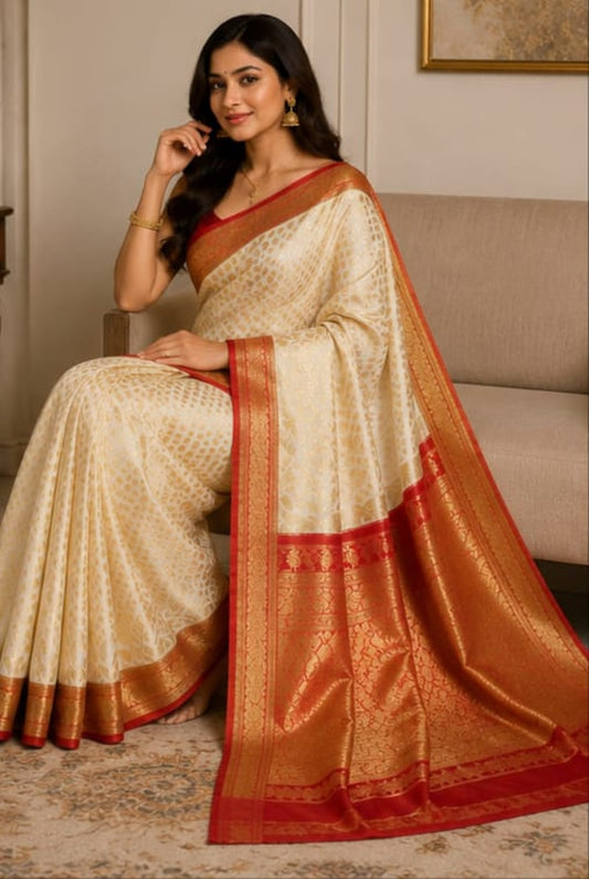 Royal Ivory & Crimson Banarasi saree — A Touch of Timeless Grandeur