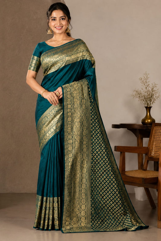 Royal Emerald Banarasi Silk Saree – A Timeless Celebration of Gold & Grace