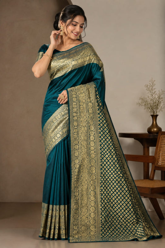 Royal Emerald Banarasi Silk Saree – A Timeless Celebration of Gold & Grace