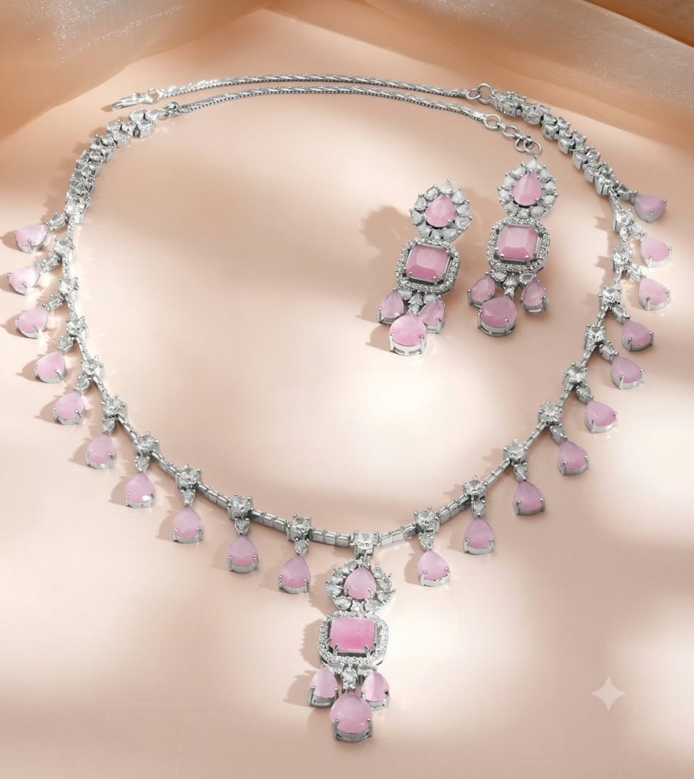 The Blush Radiance: Rose Quartz & Diamond-Tone Jewelry Set