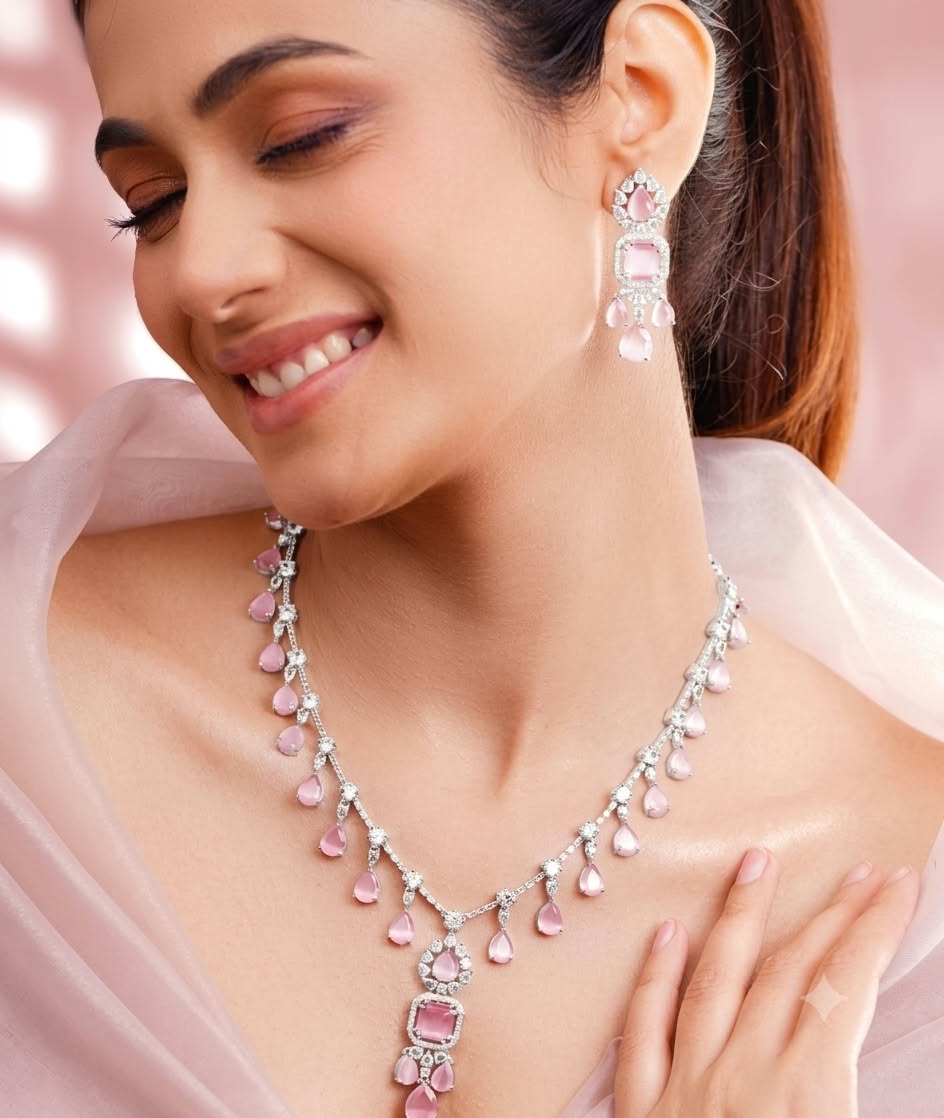The Blush Radiance: Rose Quartz & Diamond-Tone Jewelry Set