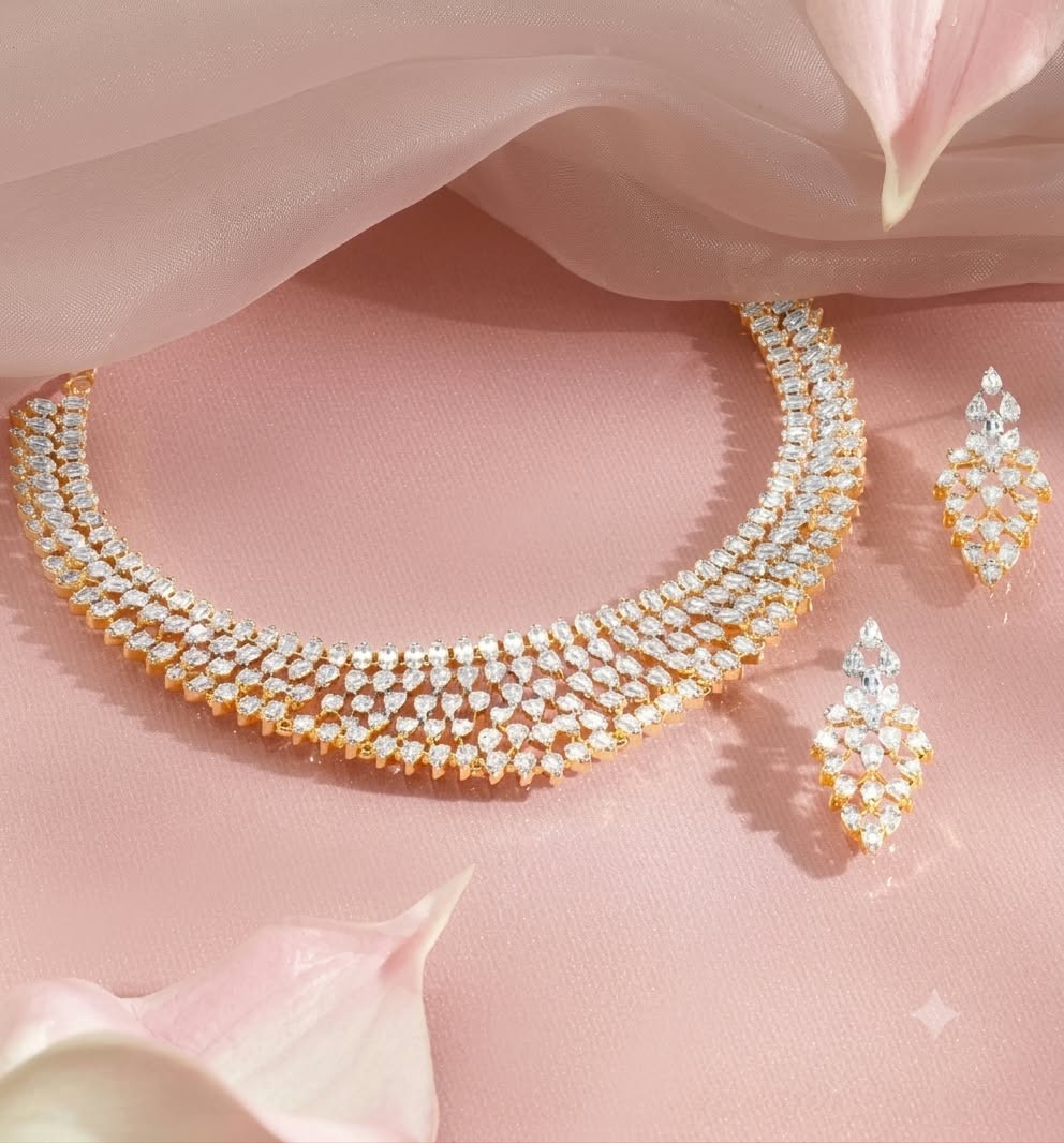 The Royal Radiance: Gold & Diamond-Style Lattice Choker Set