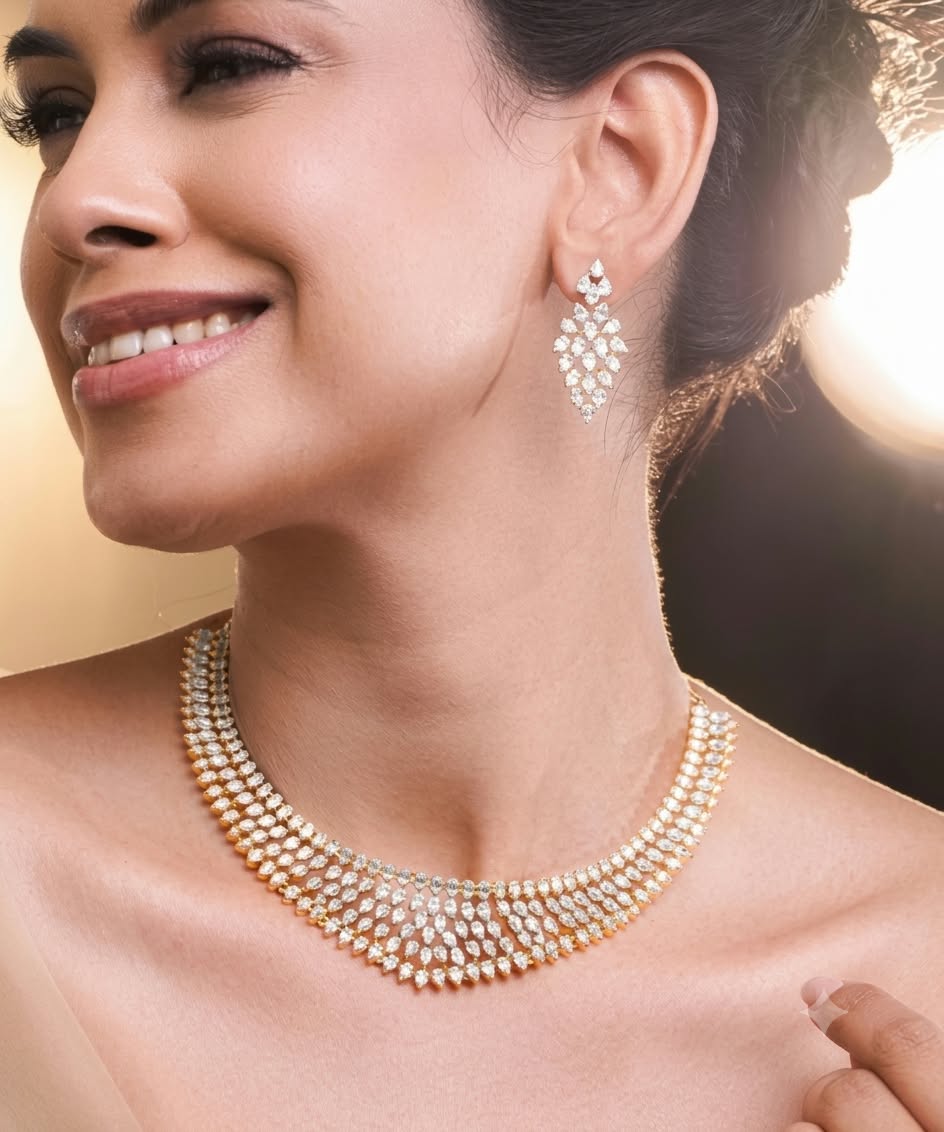 The Royal Radiance: Gold & Diamond-Style Lattice Choker Set