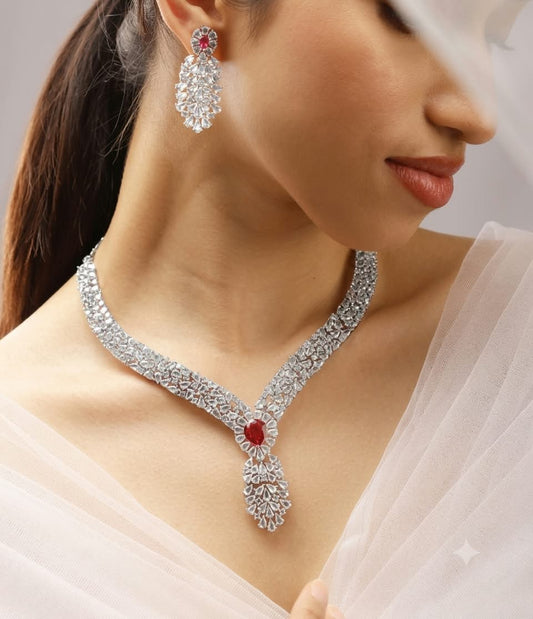 The Crimson Empress: Diamond-Tone & Ruby Drop Jewelry Set