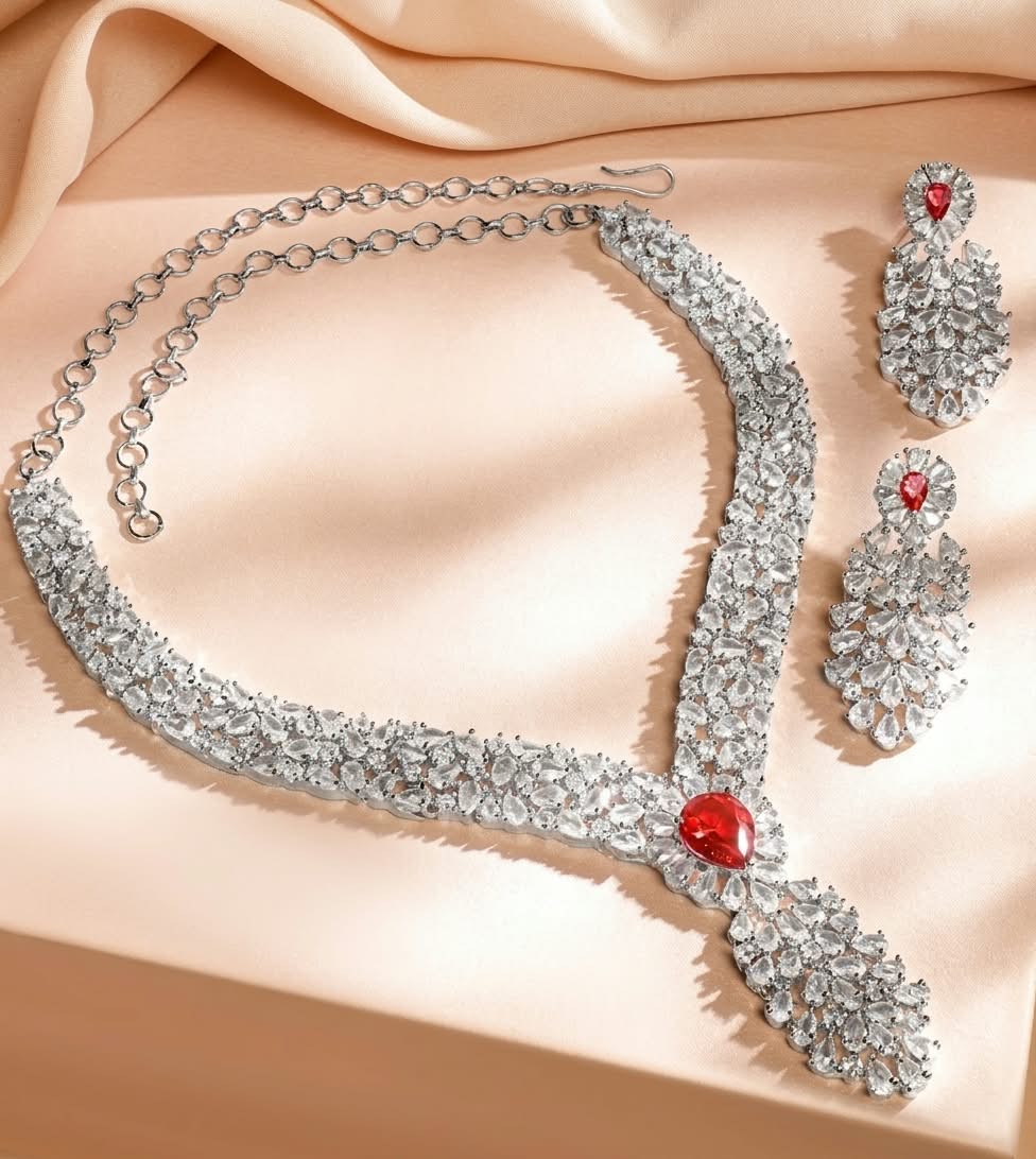 The Crimson Empress: Diamond-Tone & Ruby Drop Jewelry Set