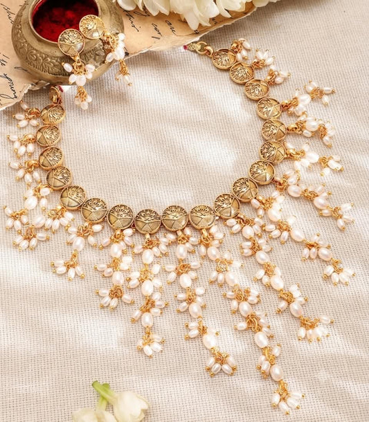 The Vintage Temple Grace: Coin Motif & Cascading Pearl Necklace Set