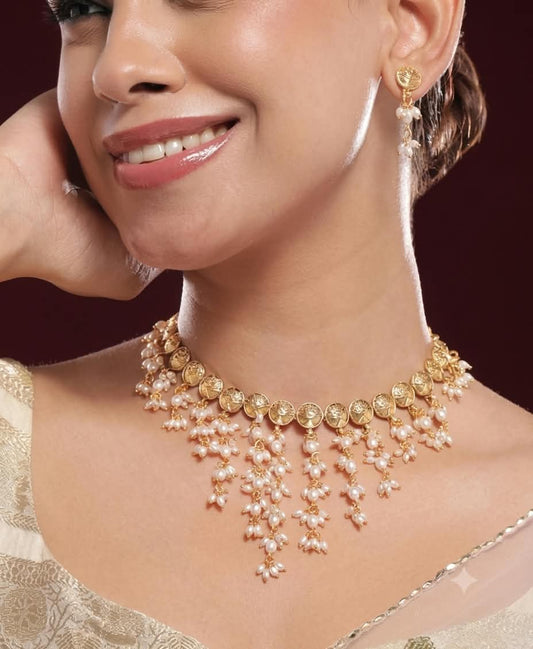 The Vintage Temple Grace: Coin Motif & Cascading Pearl Necklace Set
