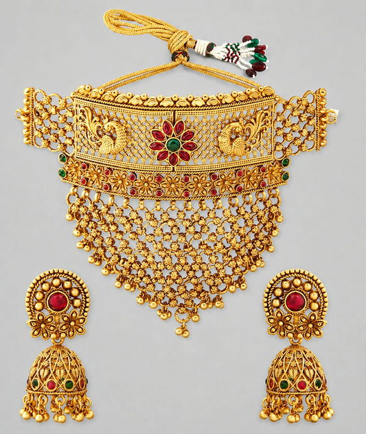 The Regal Peacock Dynasty: Temple Gold Choker & Jhumka Set