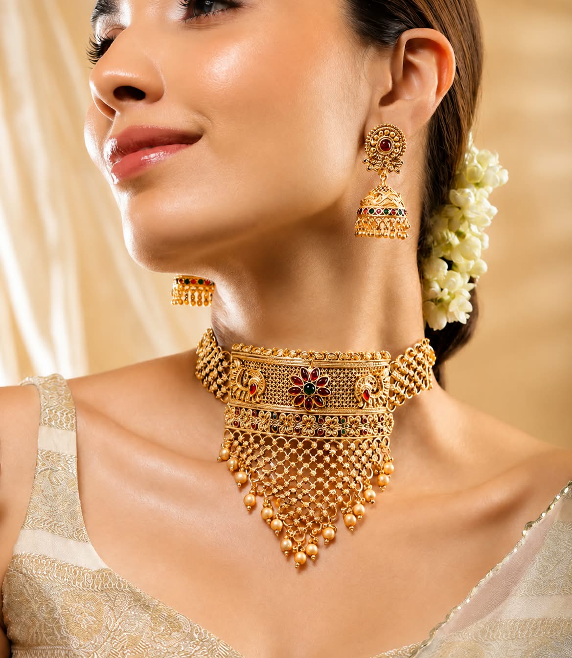 The Regal Peacock Dynasty: Temple Gold Choker & Jhumka Set