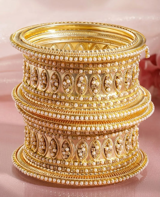 The Royal Heritage: Gold & Pearl Embellished Bangle Set
