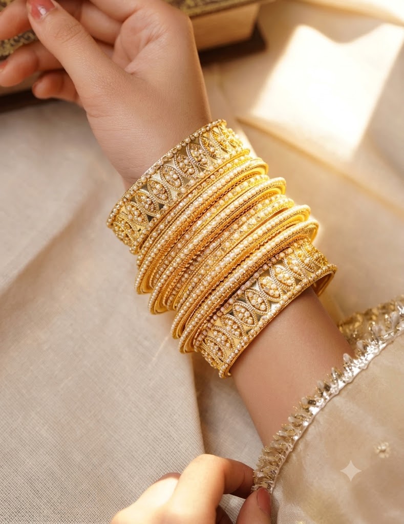 The Royal Heritage: Gold & Pearl Embellished Bangle Set