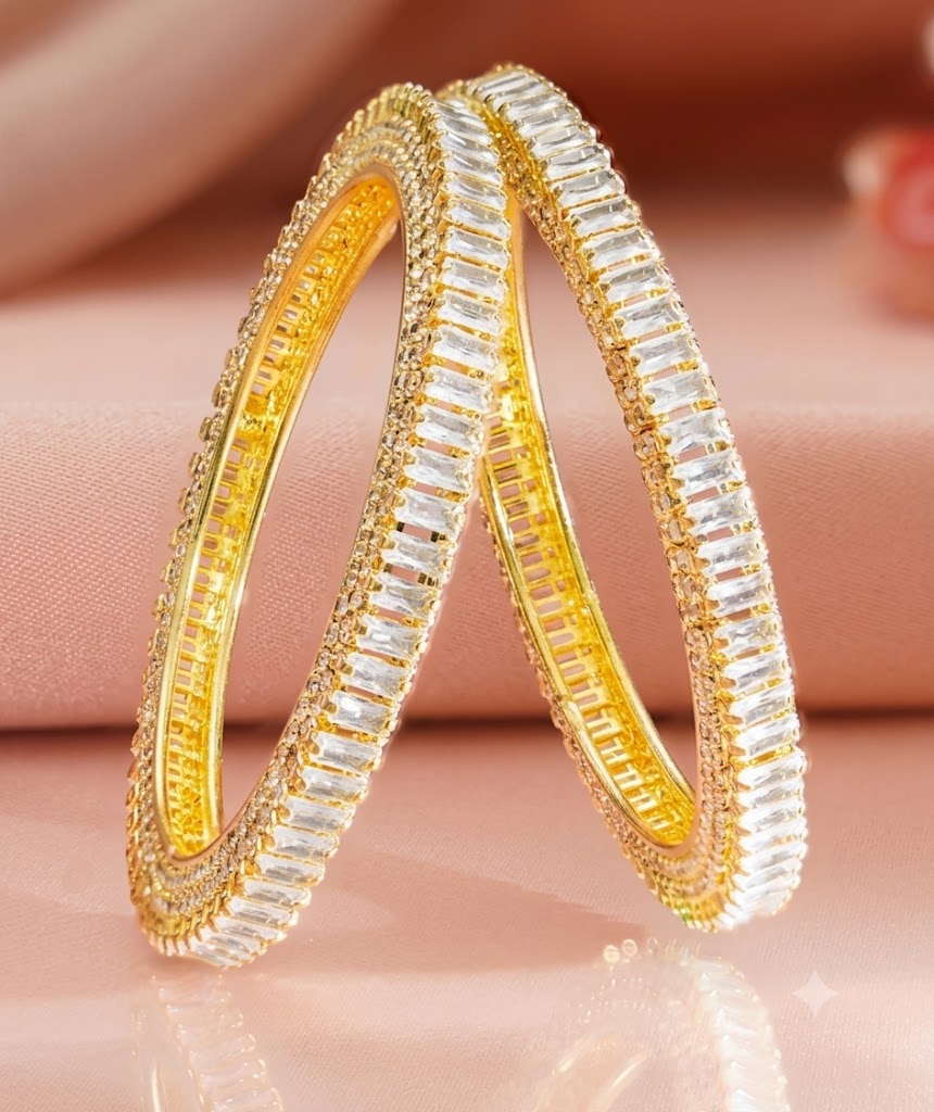 The Stellar Sparkle: Gold & Baguette Crystal Bangle Pair