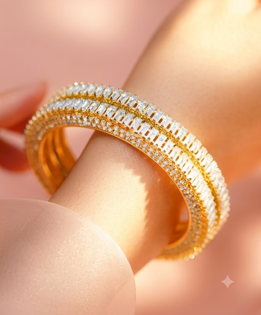 The Stellar Sparkle: Gold & Baguette Crystal Bangle Pair