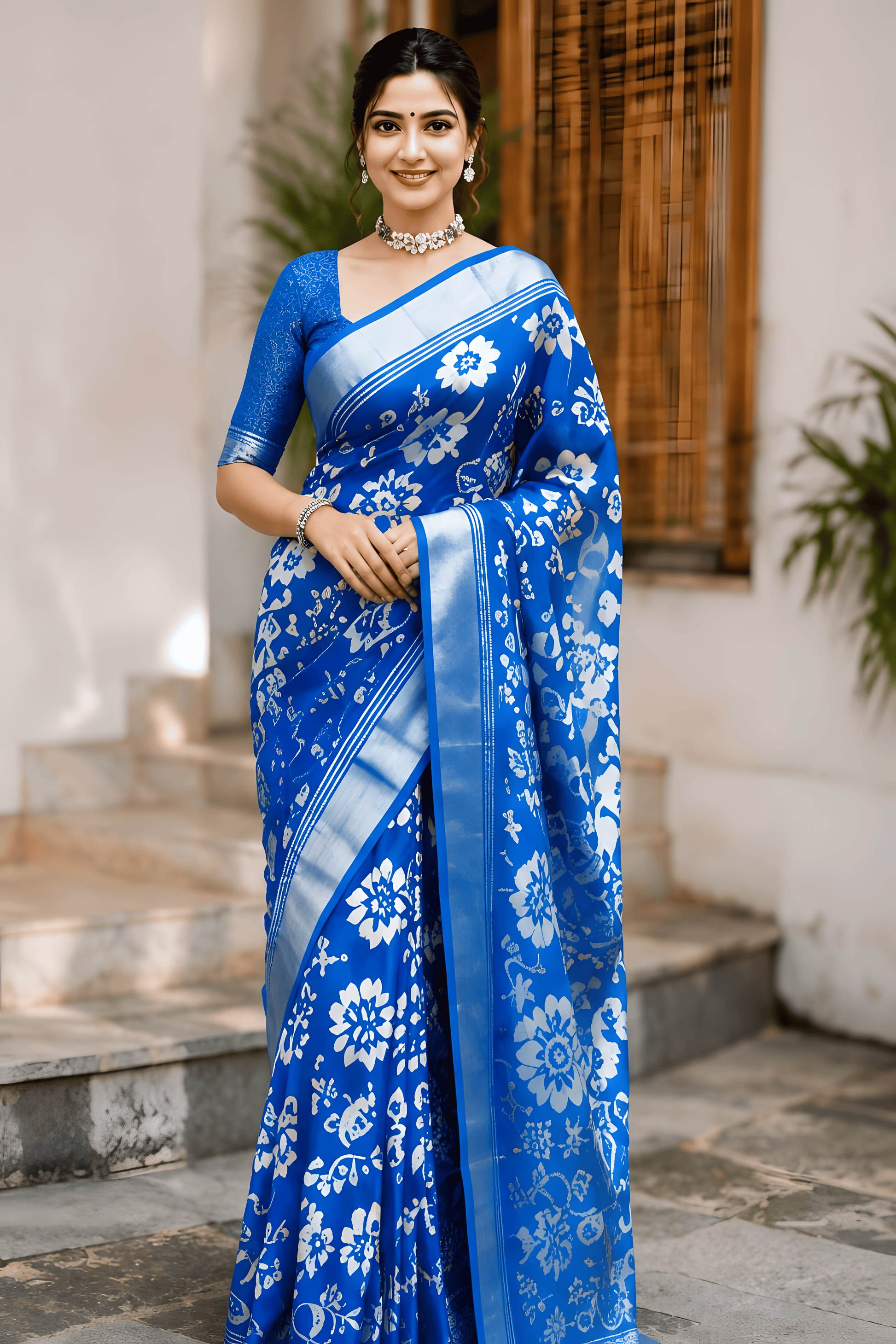 Royal Blue Floral Silk Saree - Close up view