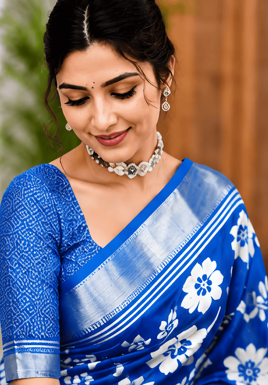 Royal Blue Floral Silk Saree - Full drape view