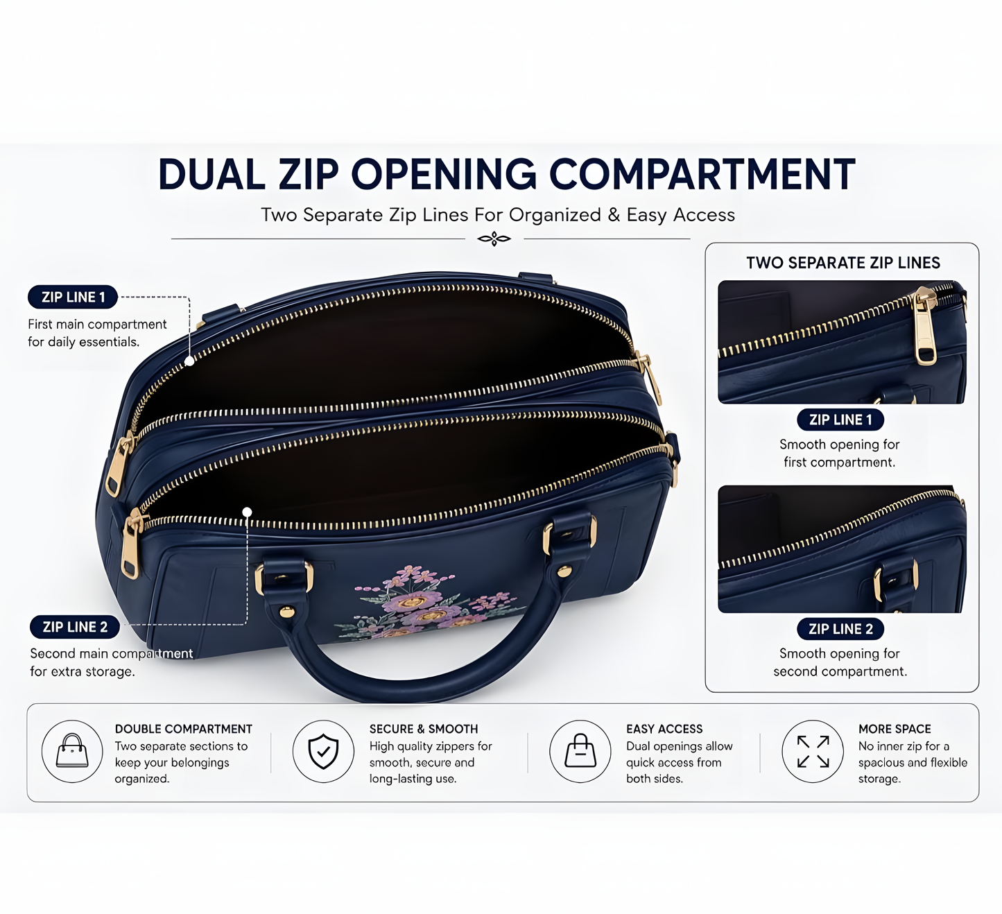 Navy Blue Floral Embroidered Handbag