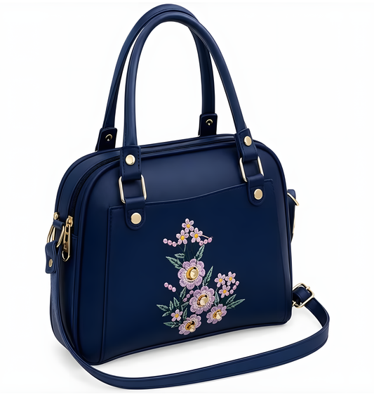 Navy Blue Floral Embroidered Handbag