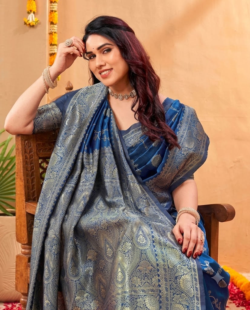 Majestic Royal Blue Banarasi Silk Saree with Fine Silver Zari