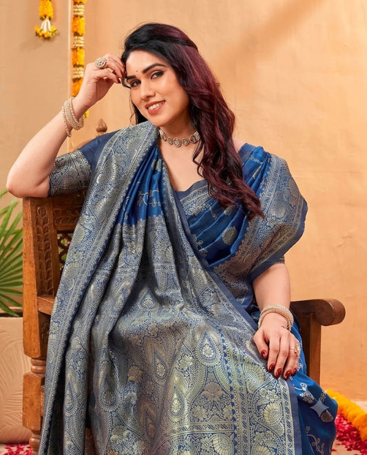 Majestic Royal Blue Banarasi Silk Saree with Fine Silver Zari