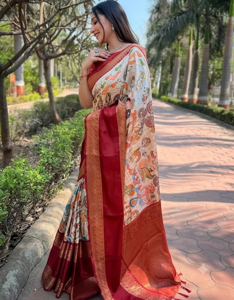 Ivory Heritage Kalamkari & Banarasi Blend Silk Saree with Rich Red Zari Pallu
