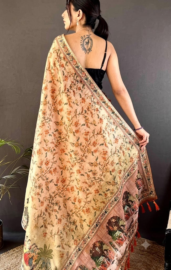 Classic Beige Pashmina Silk Saree with Handcrafted Kalamkari Floral Art