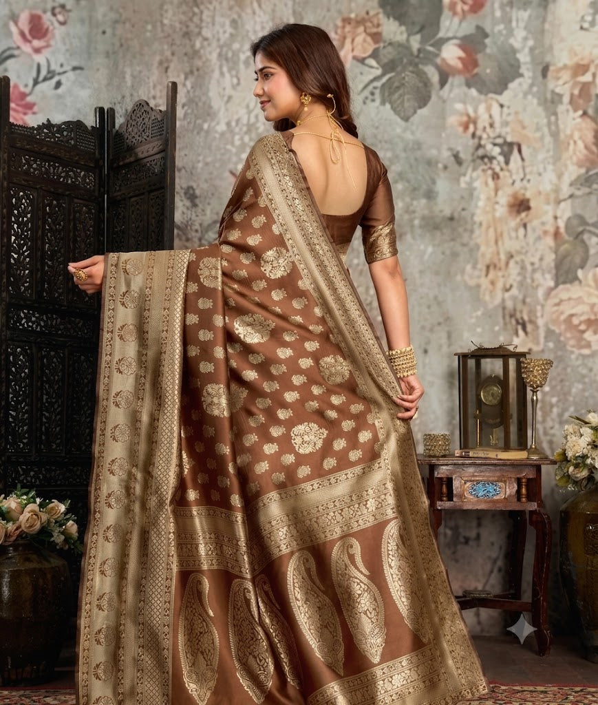 Royal Mocha Gold Handwoven Banarasi Silk Saree