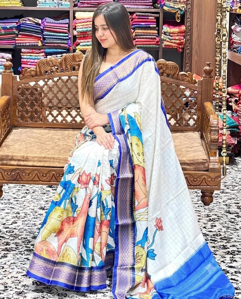 Artisanal Cream Kalamkari Silk Saree featuring Mythological & Floral Art