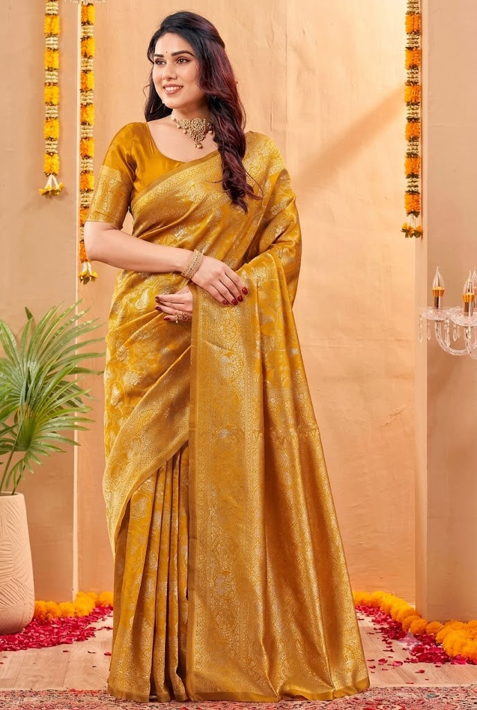 Opulent Ochre-Gold Banarasi Silk Saree in Silver Zari