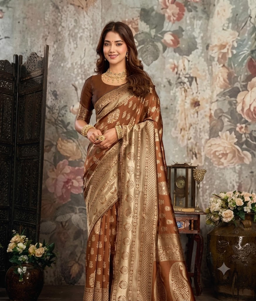 Royal Mocha Gold Handwoven Banarasi Silk Saree