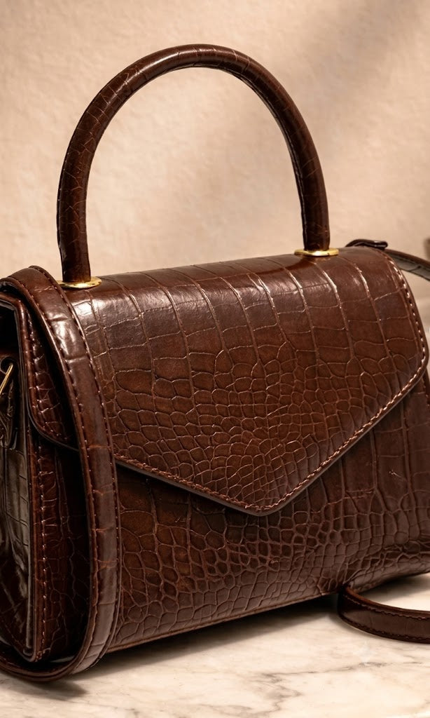Classic Mocha Croc Top-Handle Bag